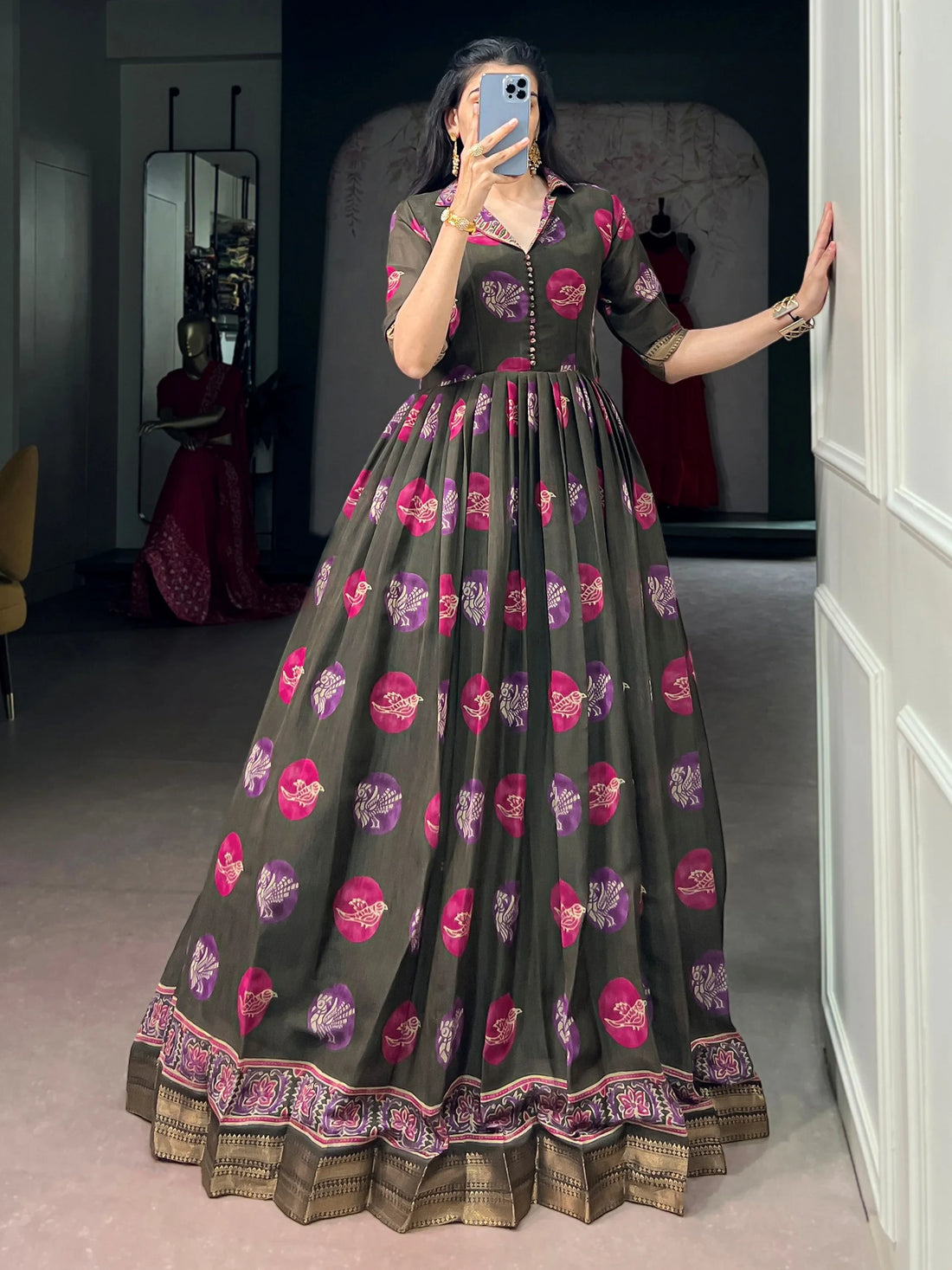 Wonderful Olive Green Digital Printed Chanderi Event Wear Gown