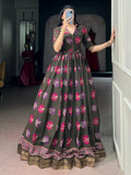 Wonderful Olive Green Digital Printed Chanderi Event Wear Gown