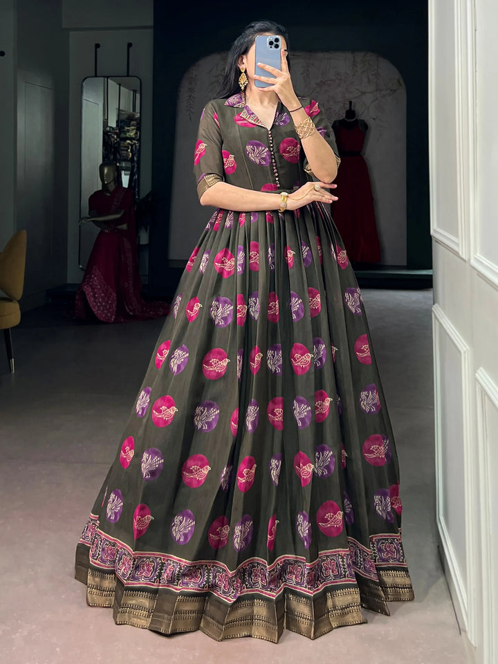 Wonderful Olive Green Digital Printed Chanderi Event Wear Gown