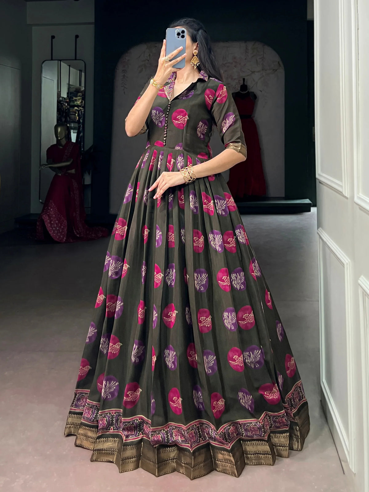 Wonderful Olive Green Digital Printed Chanderi Event Wear Gown