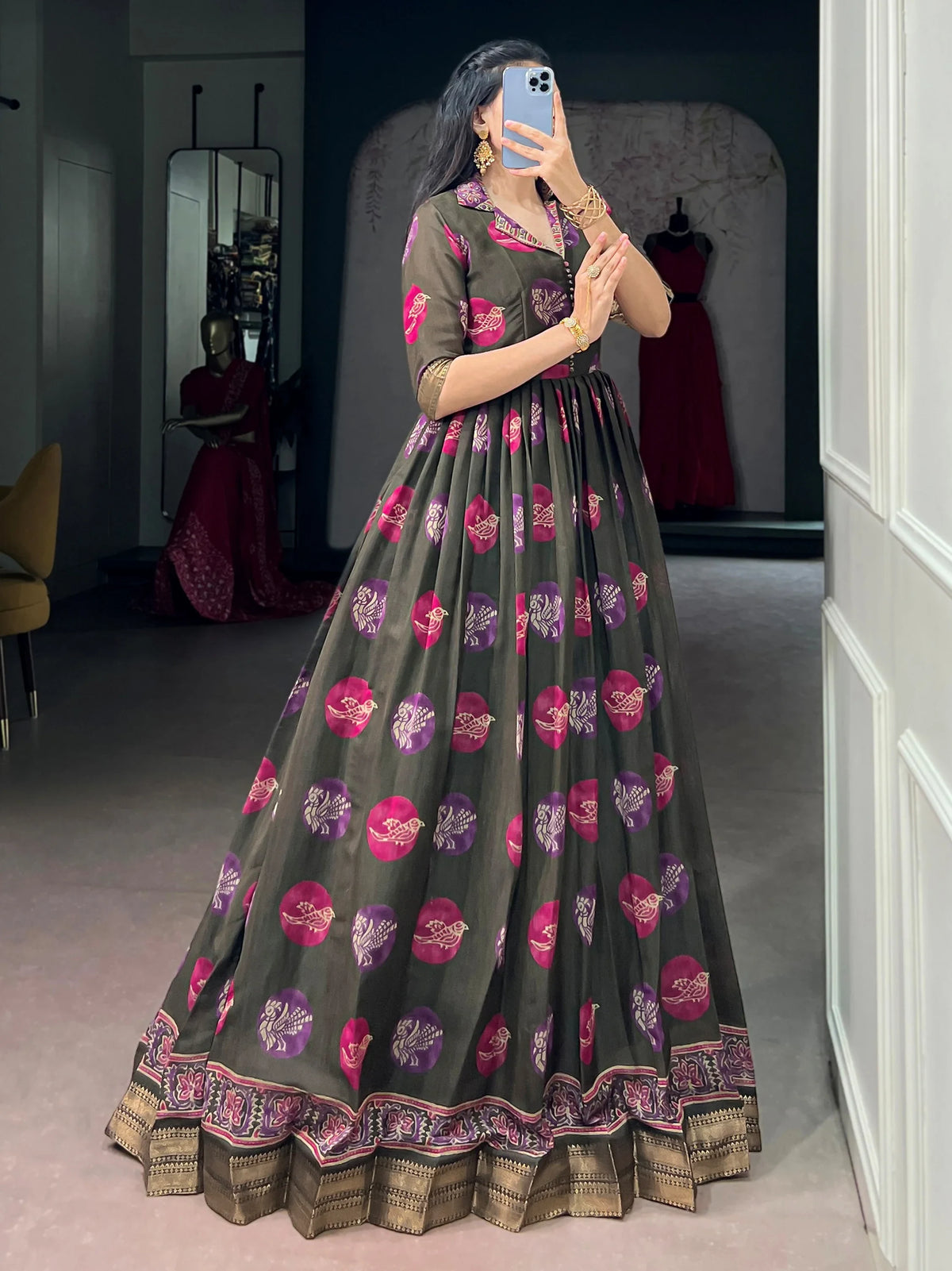 Wonderful Olive Green Digital Printed Chanderi Event Wear Gown