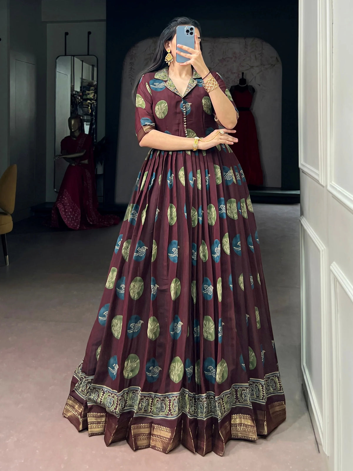 Fabulous Maroon Digital Printed Chanderi Festive Wear Gown