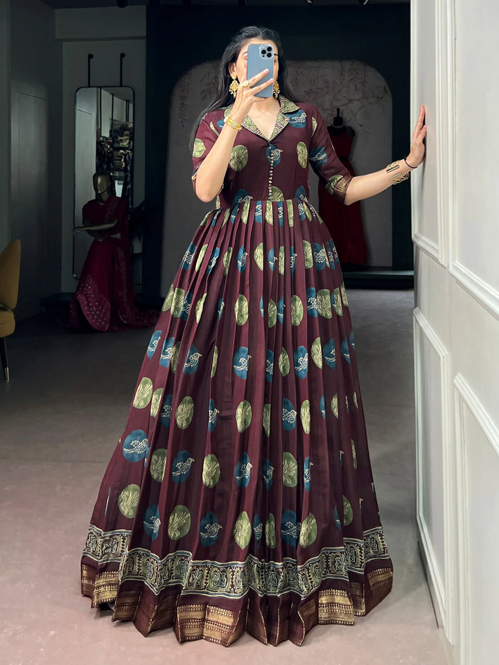 Fabulous Maroon Digital Printed Chanderi Festive Wear Gown