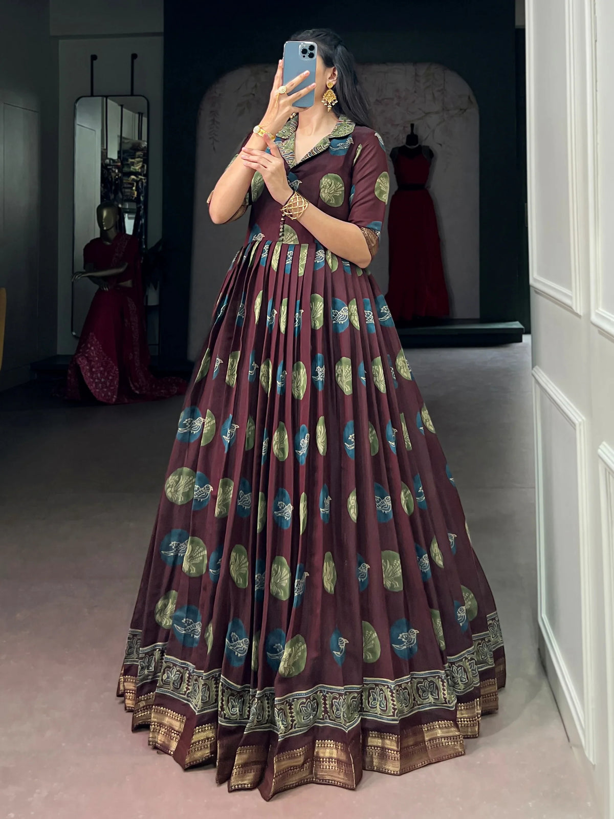 Fabulous Maroon Digital Printed Chanderi Festive Wear Gown