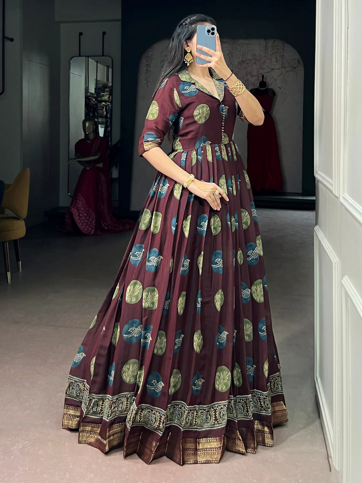 Fabulous Maroon Digital Printed Chanderi Festive Wear Gown