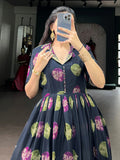 Adorable Navy Blue Digital Printed Chanderi Festive Wear Gown