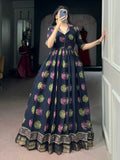 Adorable Navy Blue Digital Printed Chanderi Festive Wear Gown