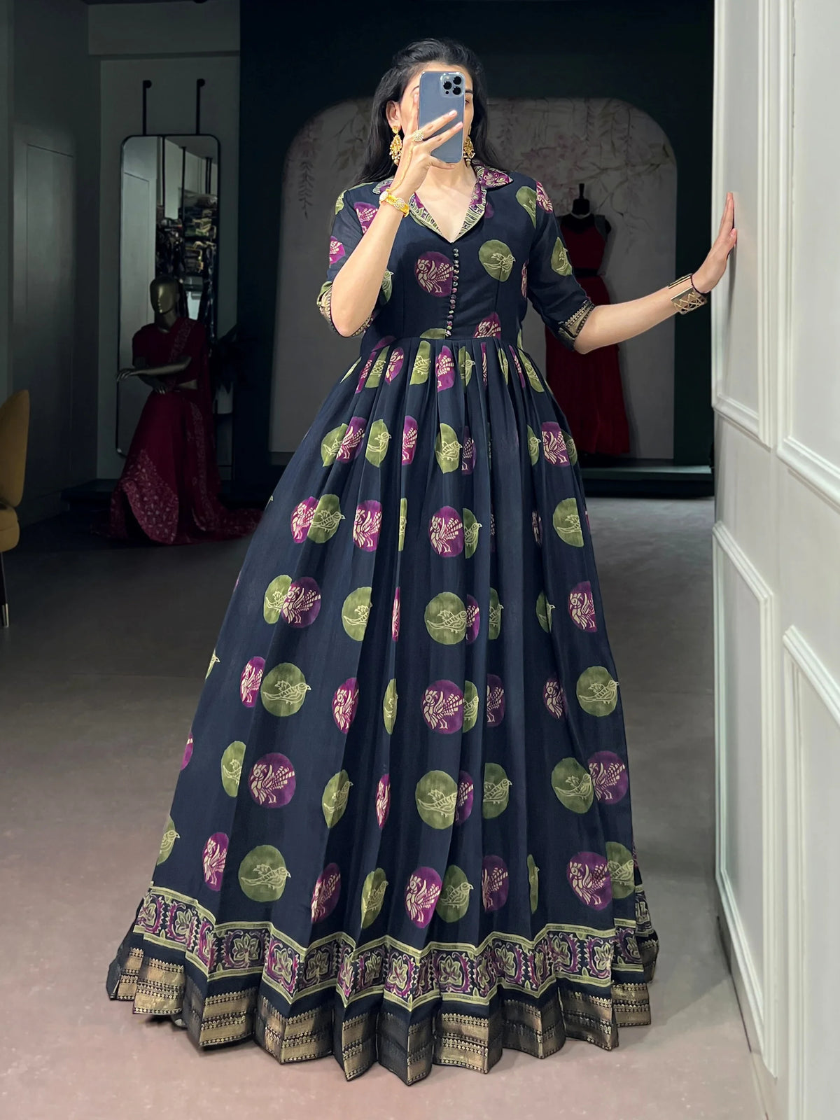 Adorable Navy Blue Digital Printed Chanderi Festive Wear Gown