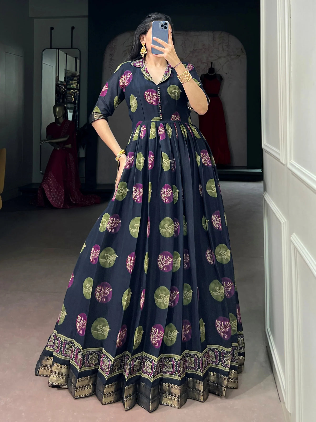 Adorable Navy Blue Digital Printed Chanderi Festive Wear Gown