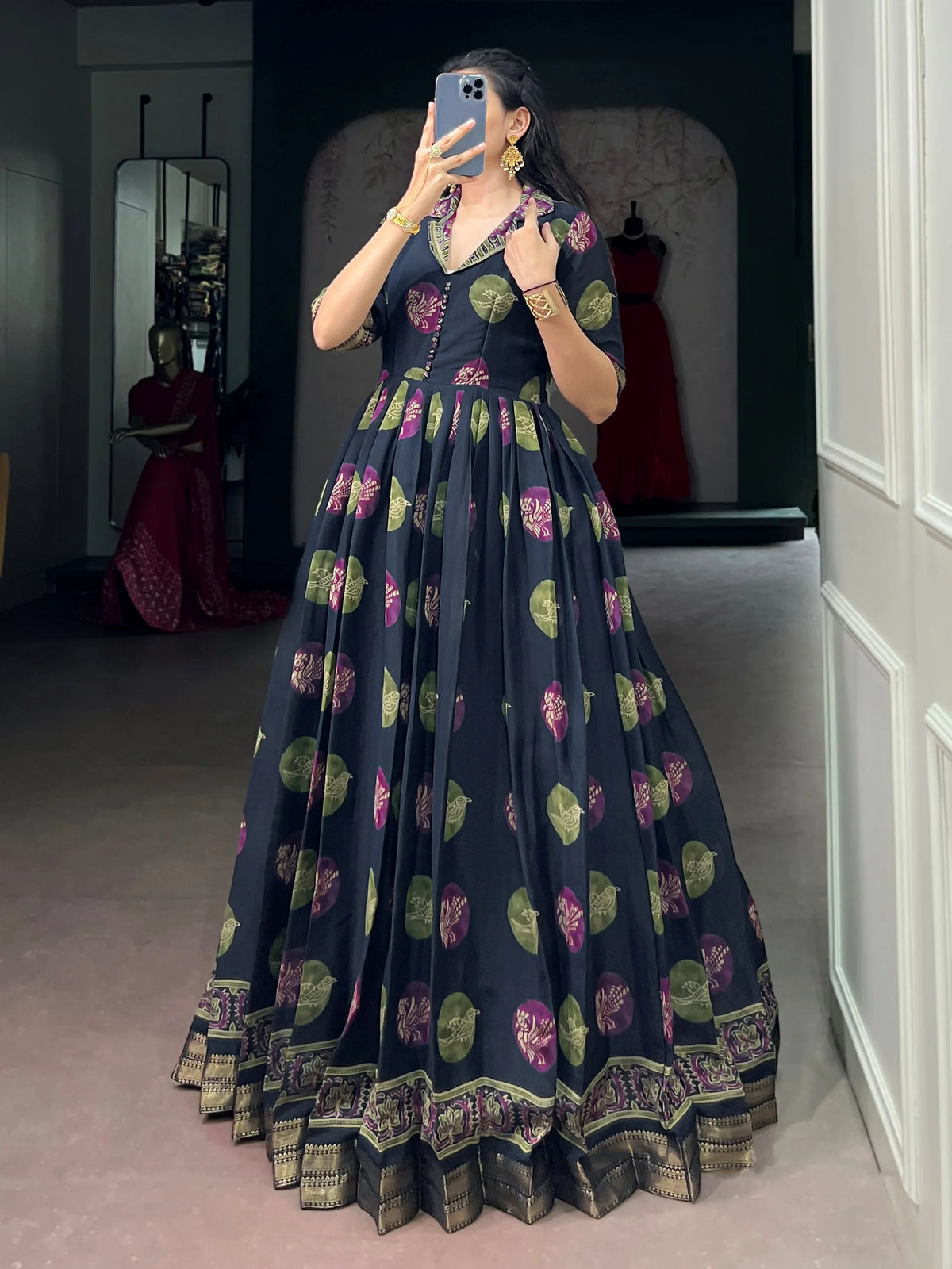 Adorable Navy Blue Digital Printed Chanderi Festive Wear Gown