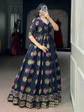 Adorable Navy Blue Digital Printed Chanderi Festive Wear Gown