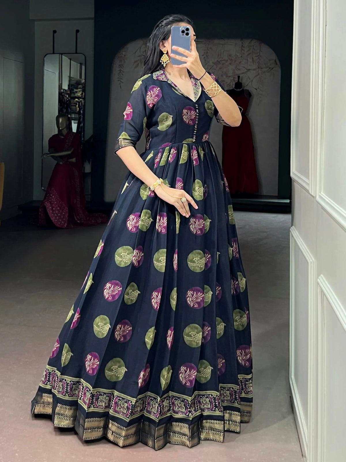 Adorable Navy Blue Digital Printed Chanderi Festive Wear Gown