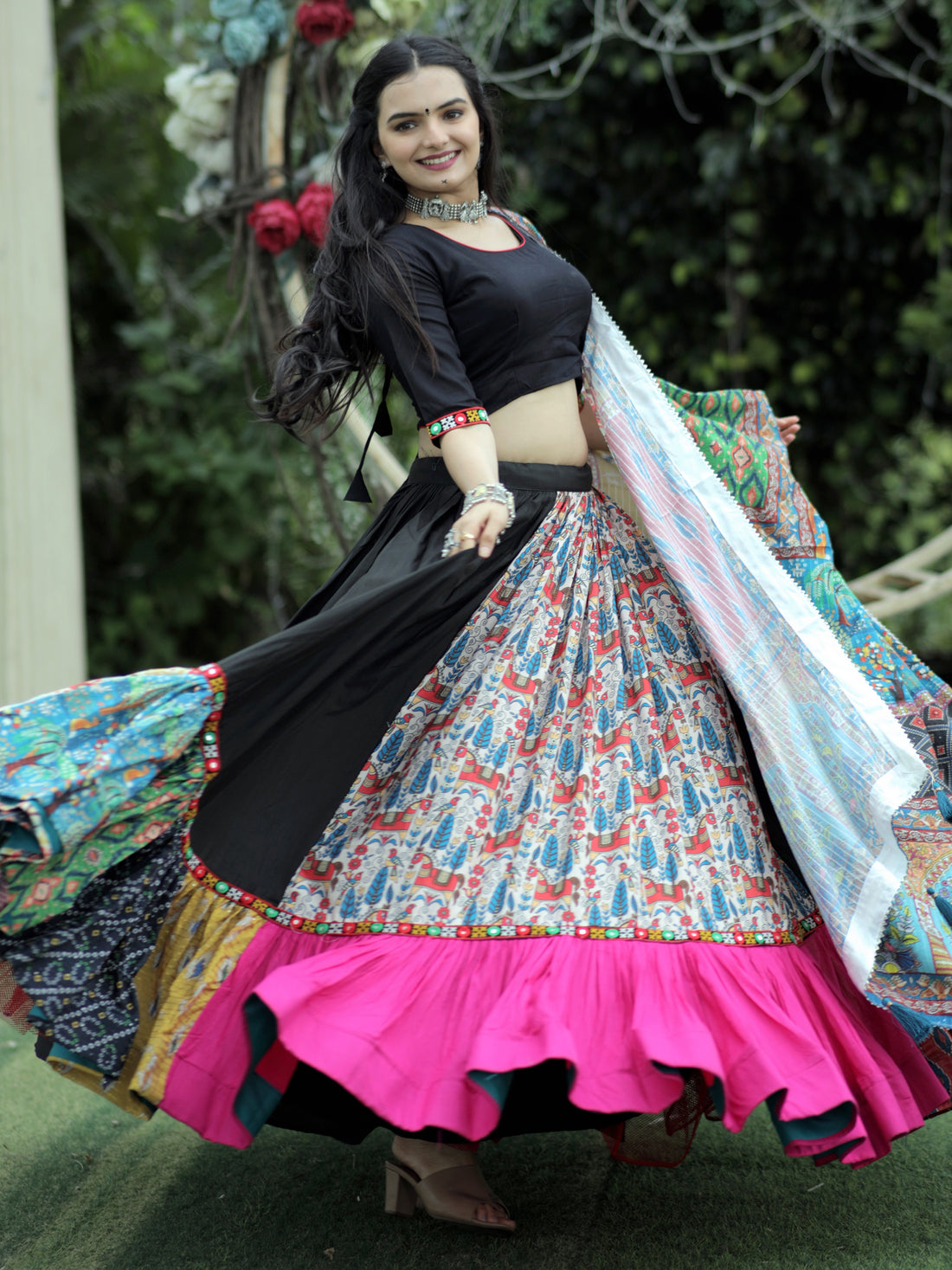 Charming Black Printed Rayon Navratri Lehenga Choli With Dupatta