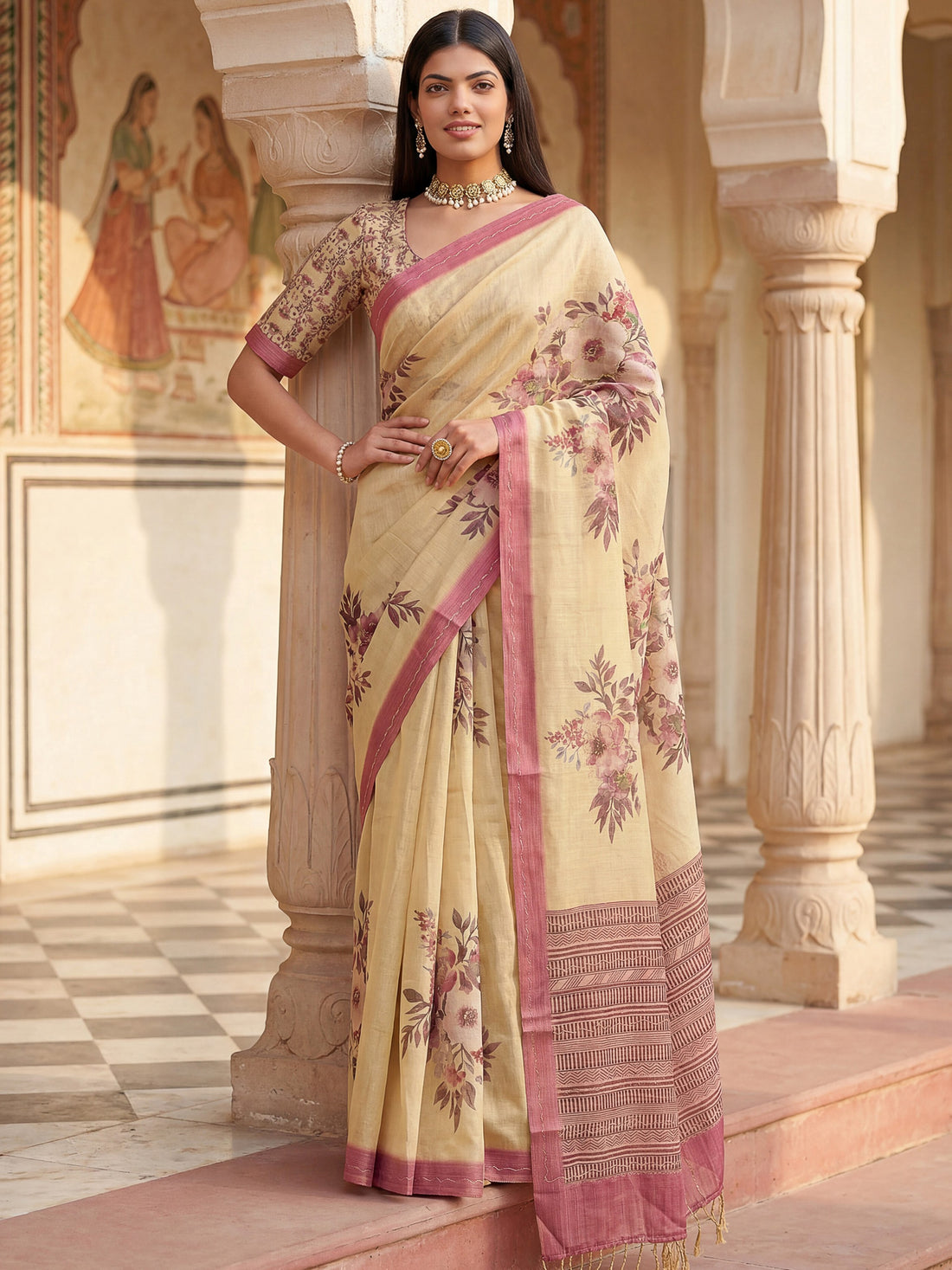 Gorgeous Beige Printed Silk Festival Wear Saree With Blouse