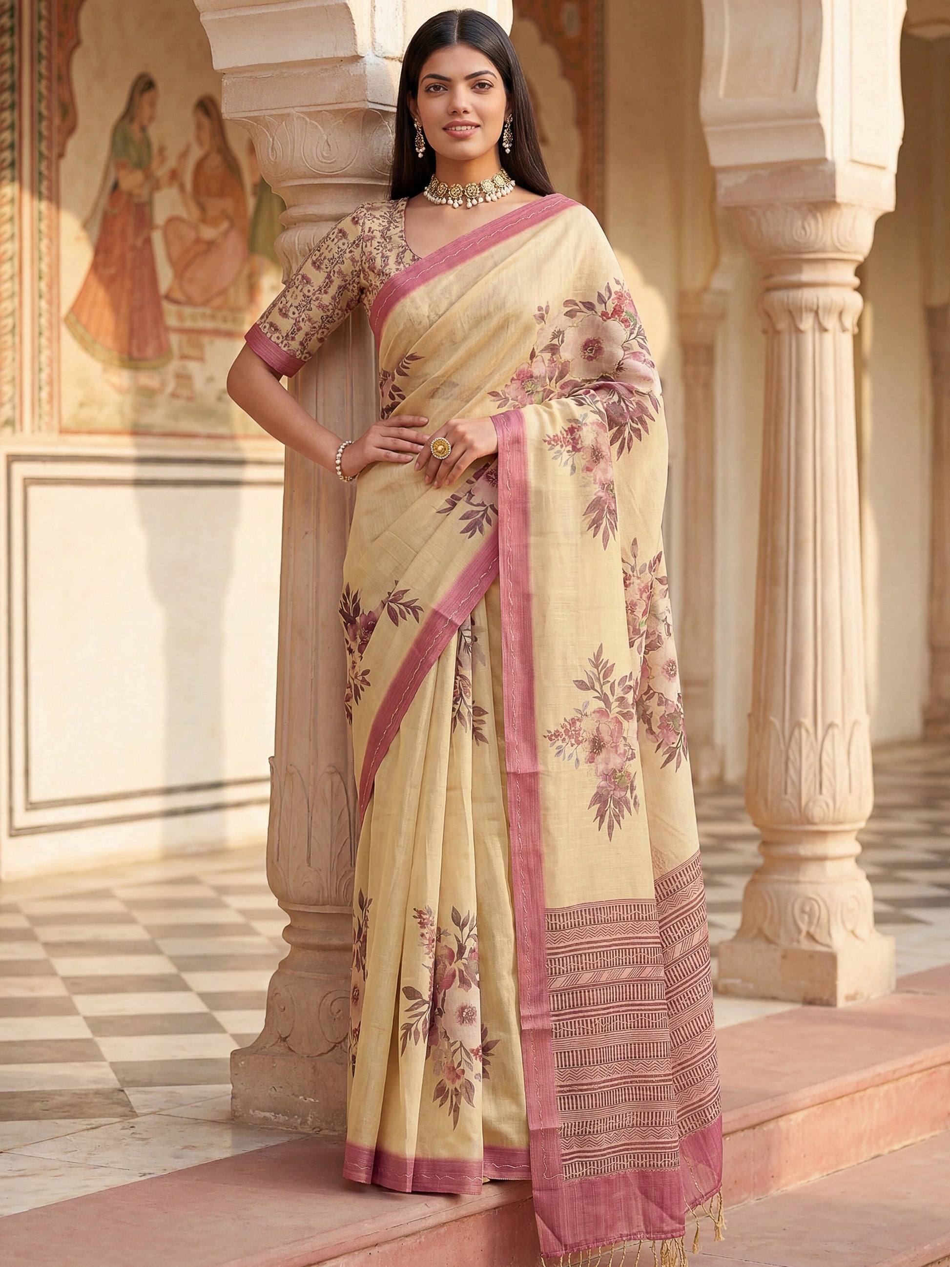 Gorgeous Beige Printed Silk Festival Wear Saree With Blouse