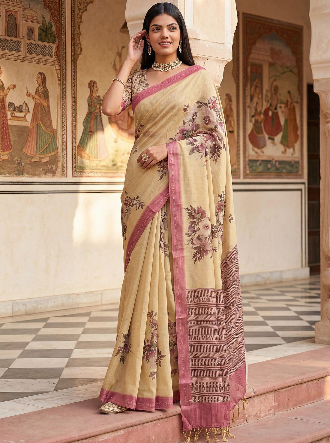 Gorgeous Beige Printed Silk Festival Wear Saree With Blouse