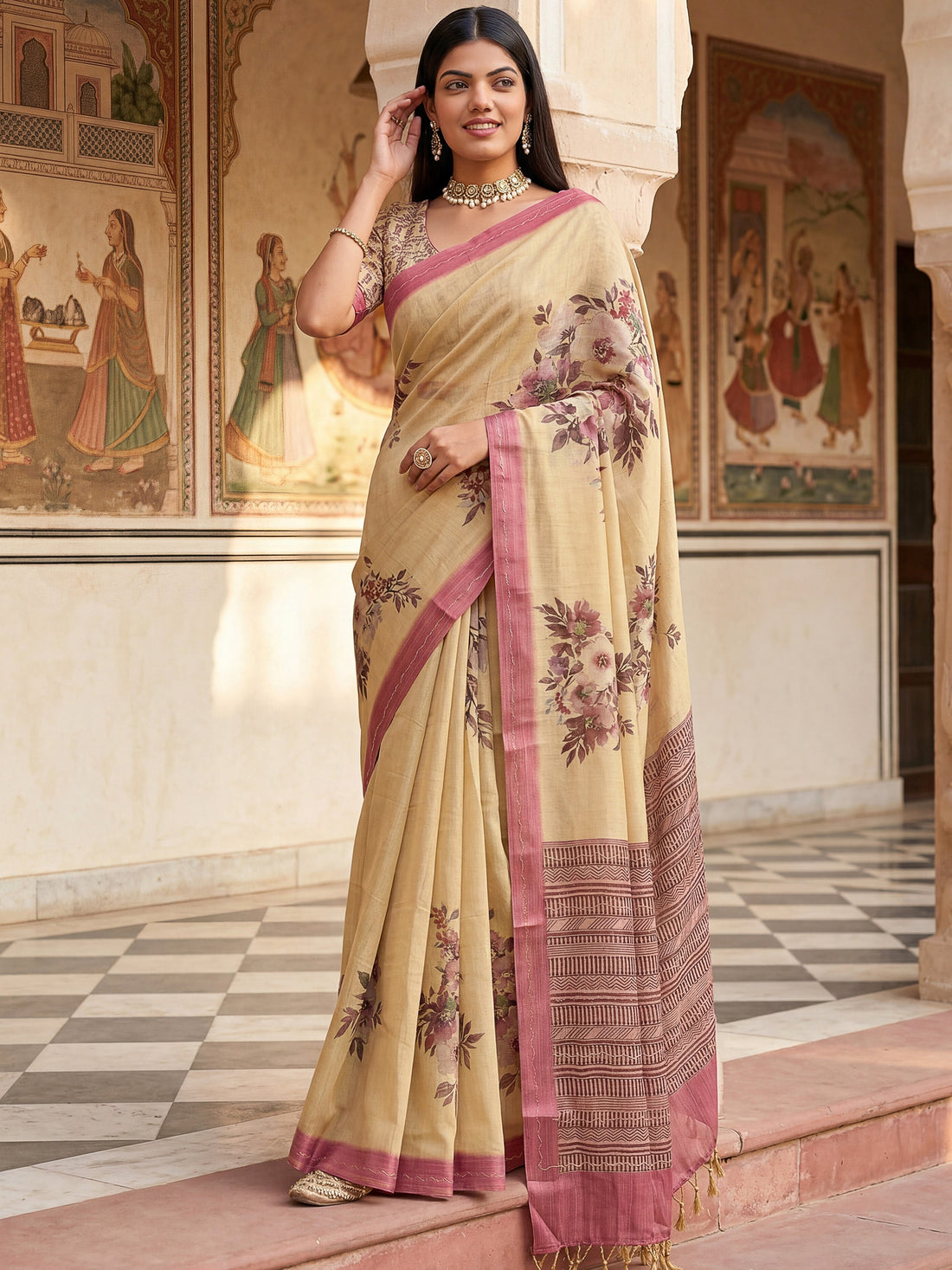 Gorgeous Beige Printed Silk Festival Wear Saree With Blouse