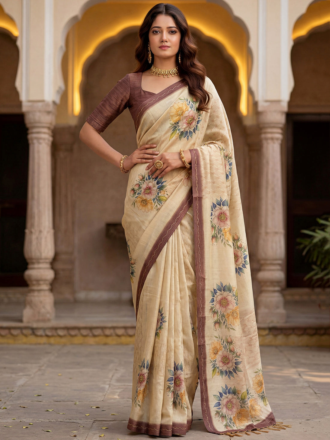 Gorgeous Beige Floral Printed Silk Festival Wear Saree With Blouse