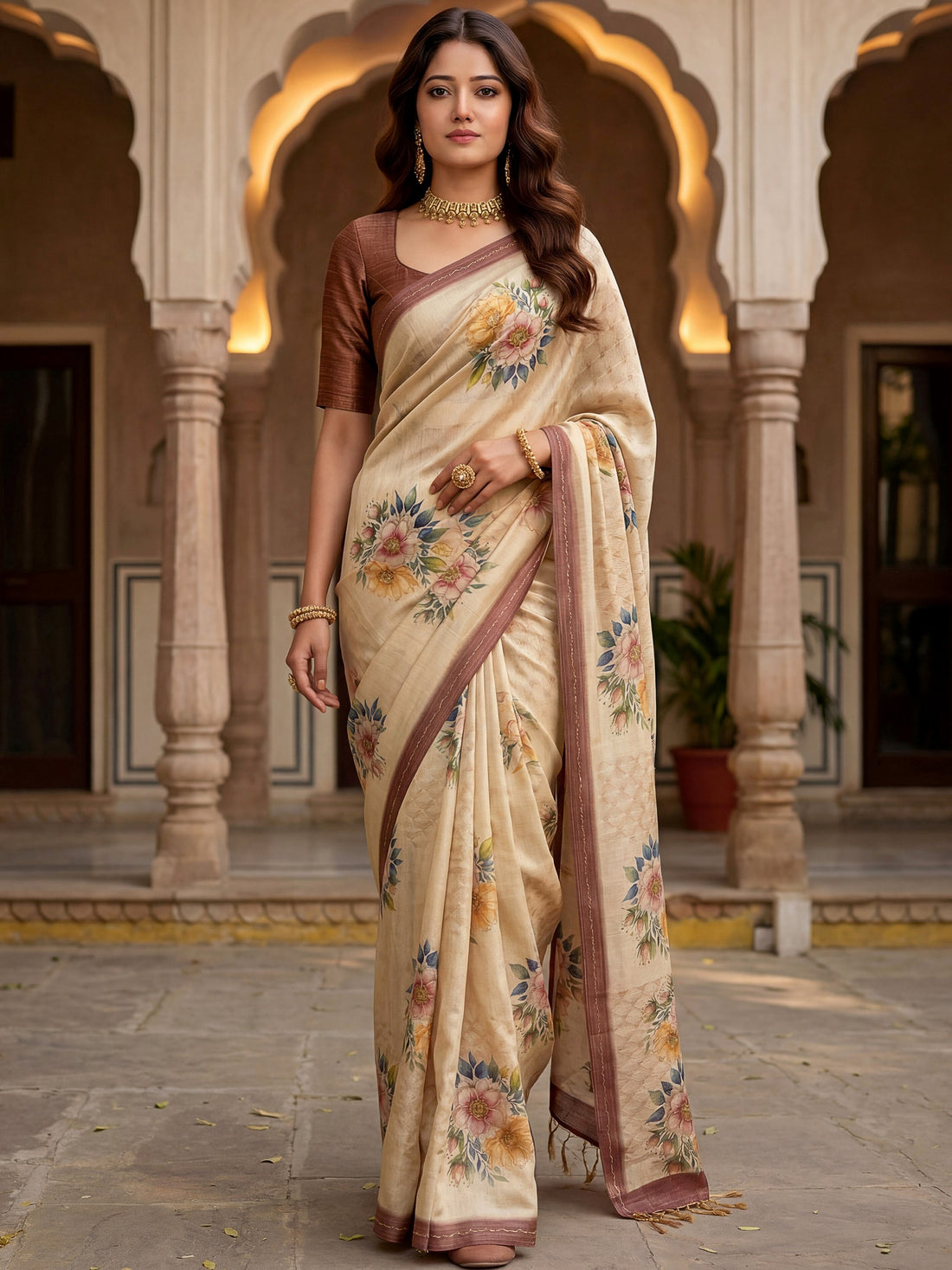 Gorgeous Beige Floral Printed Silk Festival Wear Saree With Blouse