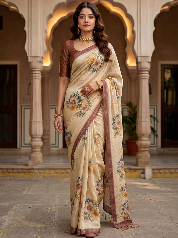 Gorgeous Beige Floral Printed Silk Festival Wear Saree With Blouse