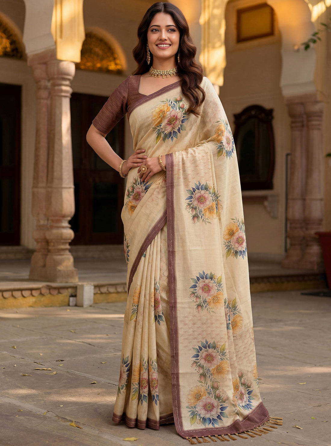 Gorgeous Beige Floral Printed Silk Festival Wear Saree With Blouse