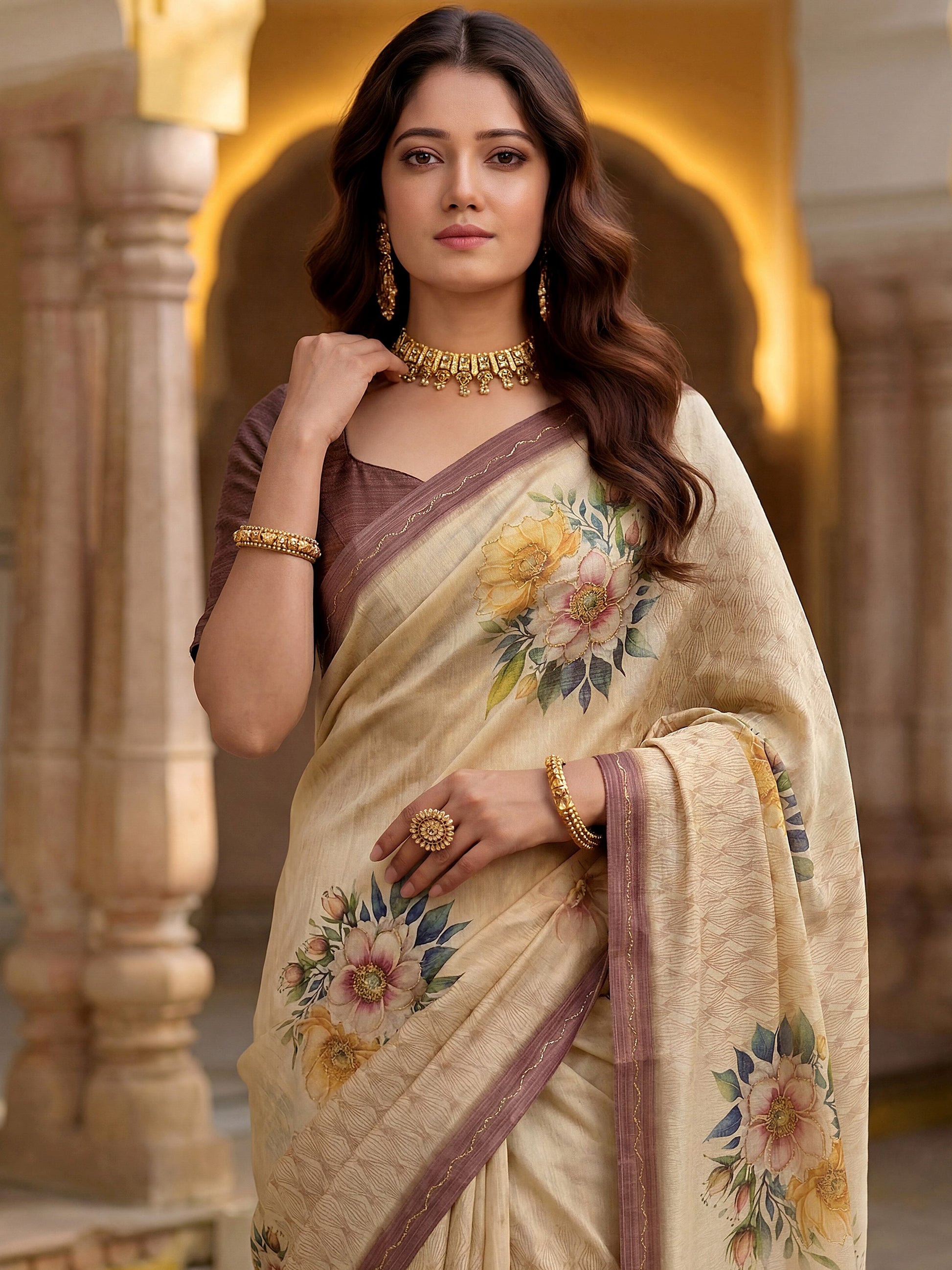 Gorgeous Beige Floral Printed Silk Festival Wear Saree With Blouse