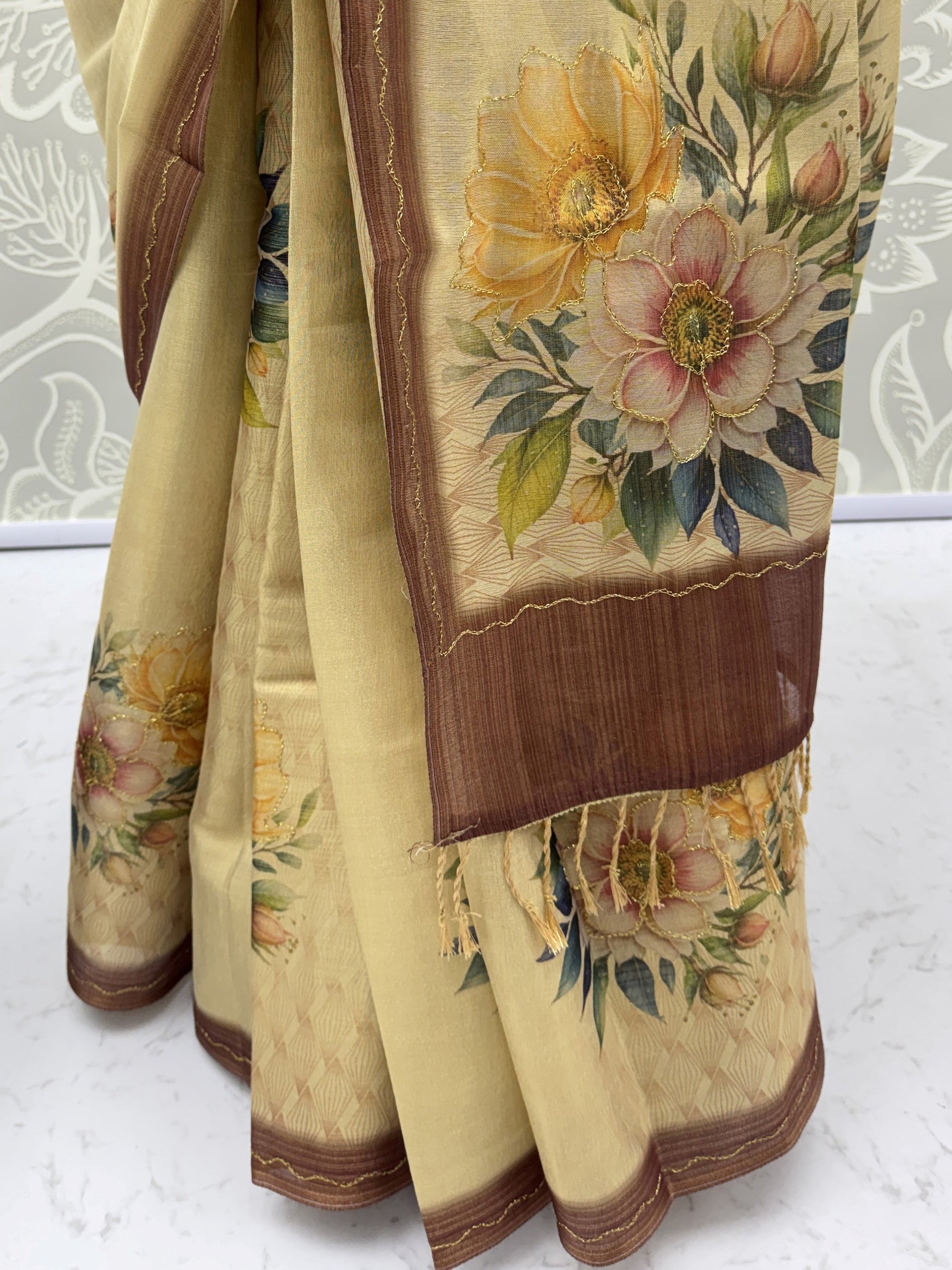 Gorgeous Beige Floral Printed Silk Festival Wear Saree With Blouse