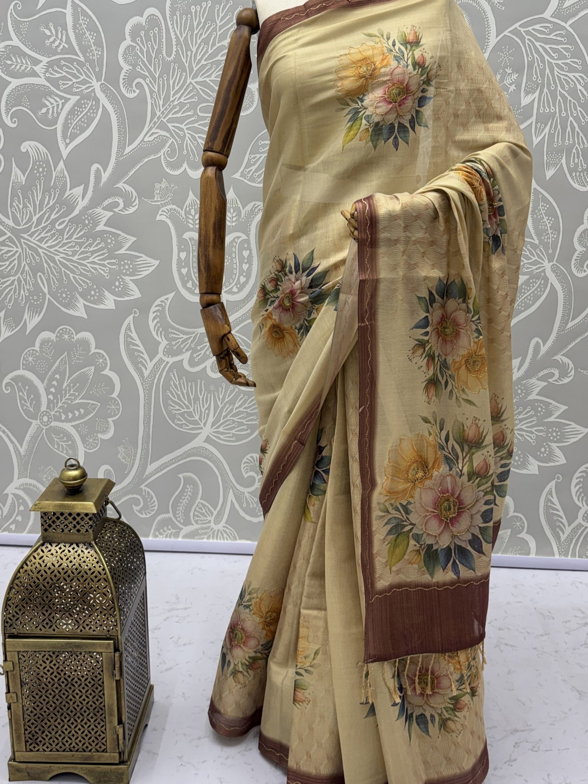 Gorgeous Beige Floral Printed Silk Festival Wear Saree With Blouse