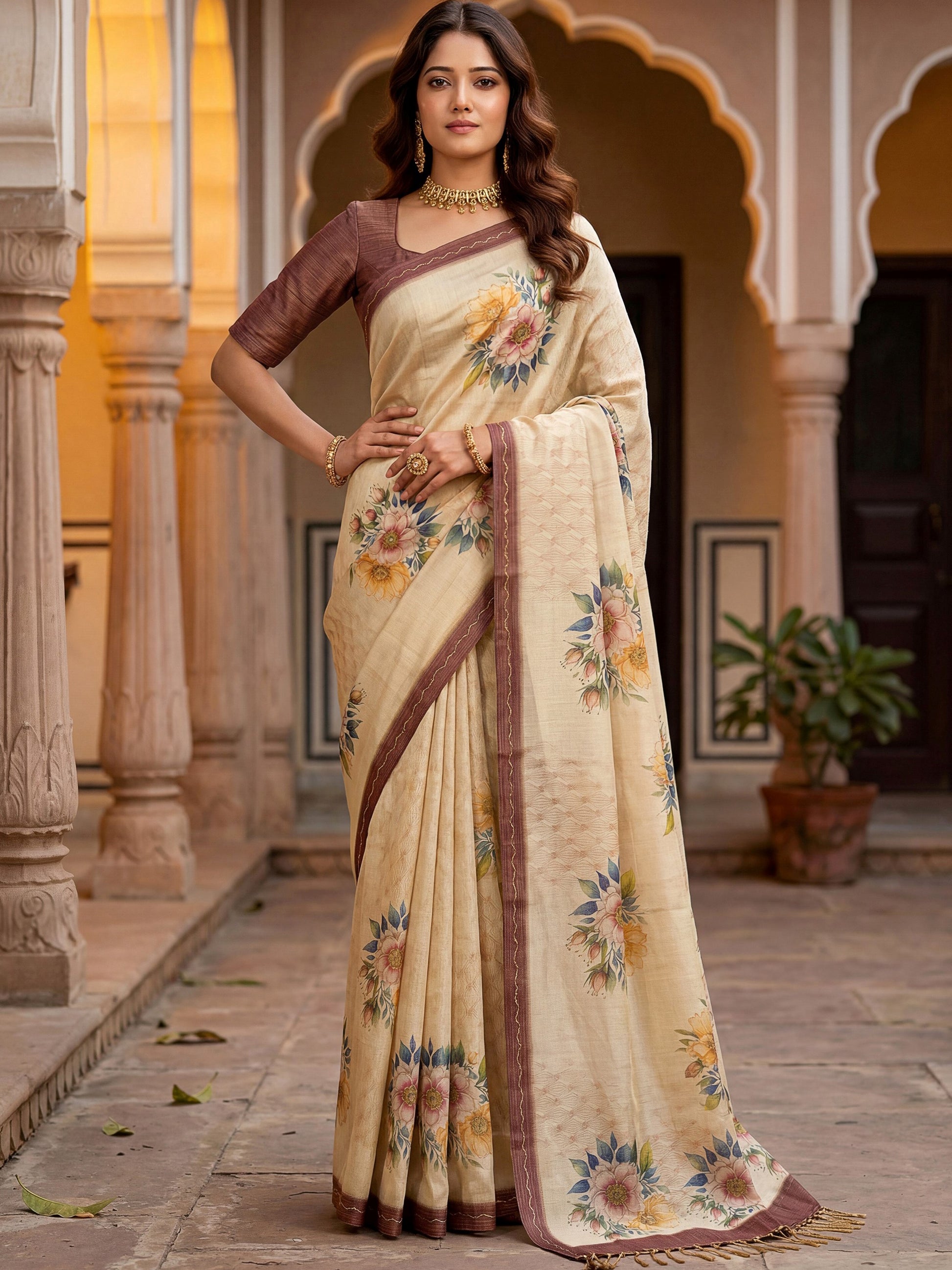 Gorgeous Beige Floral Printed Silk Festival Wear Saree With Blouse
