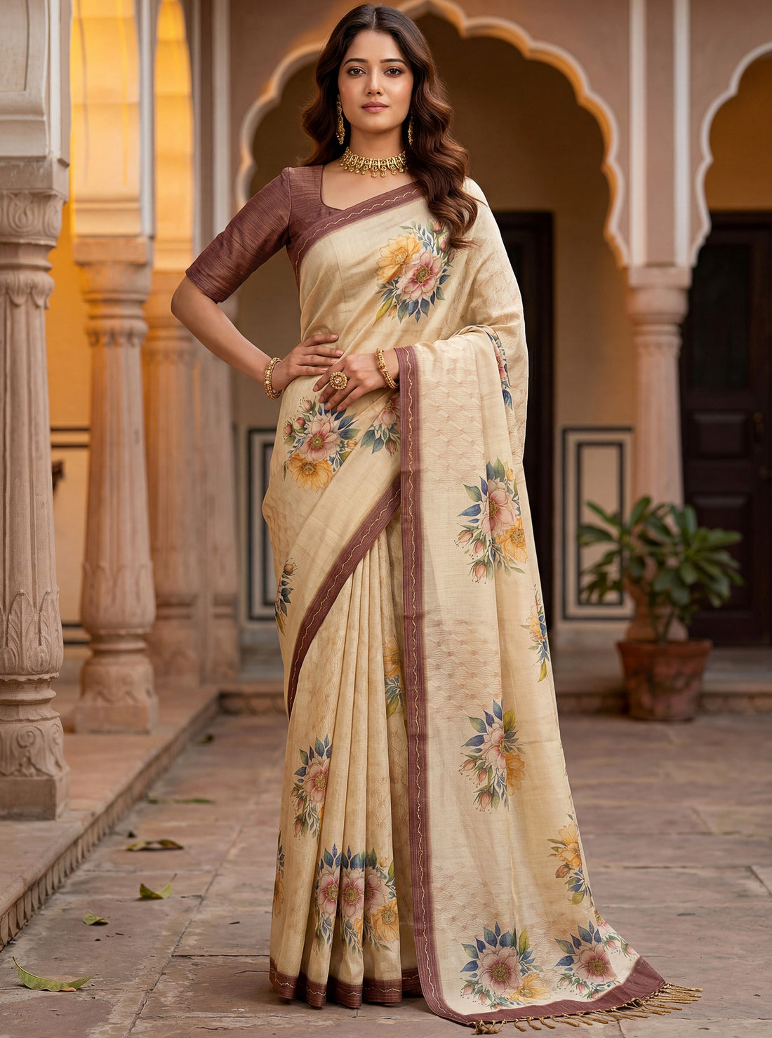 Gorgeous Beige Floral Printed Silk Festival Wear Saree With Blouse