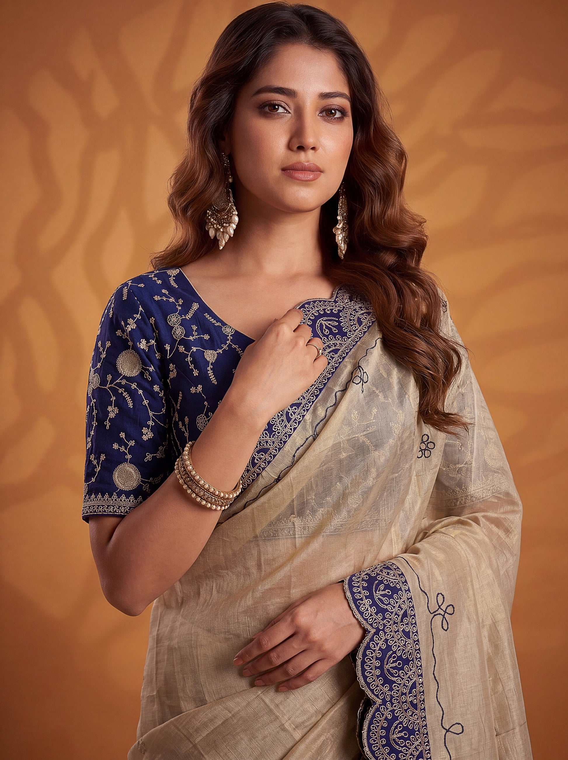Gorgeous Beige Gota Patti Silk Traditional Wear Saree With Blouse