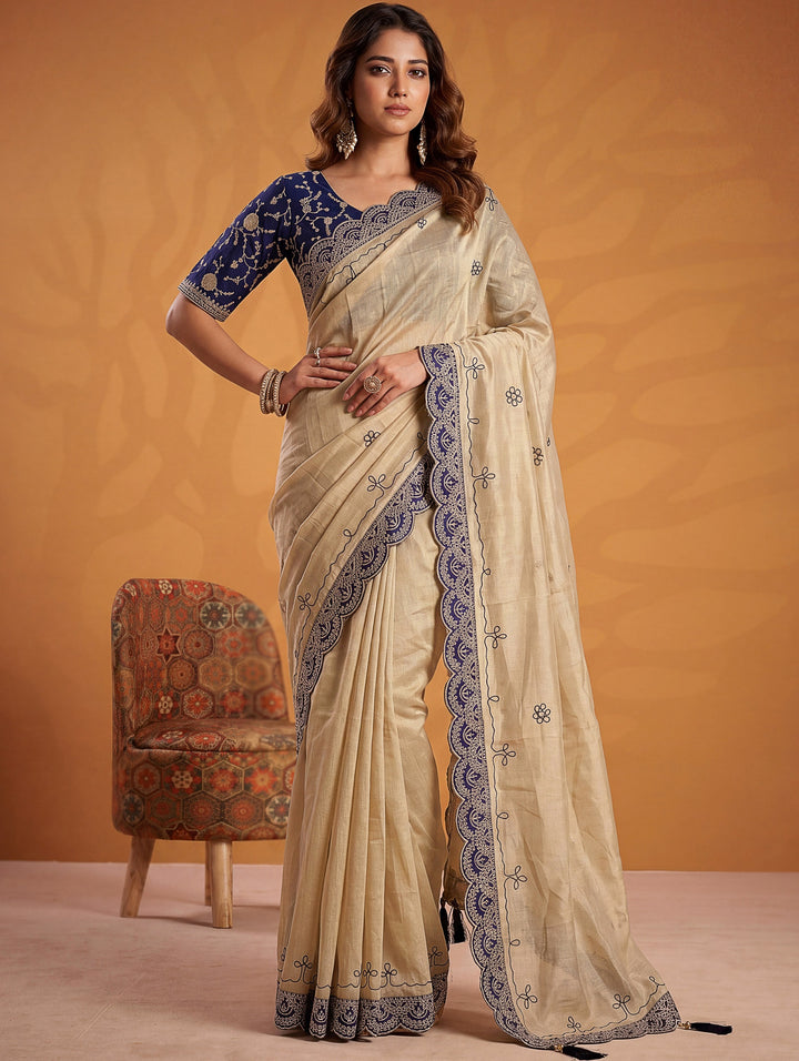 Gorgeous Beige Gota Patti Silk Traditional Wear Saree With Blouse