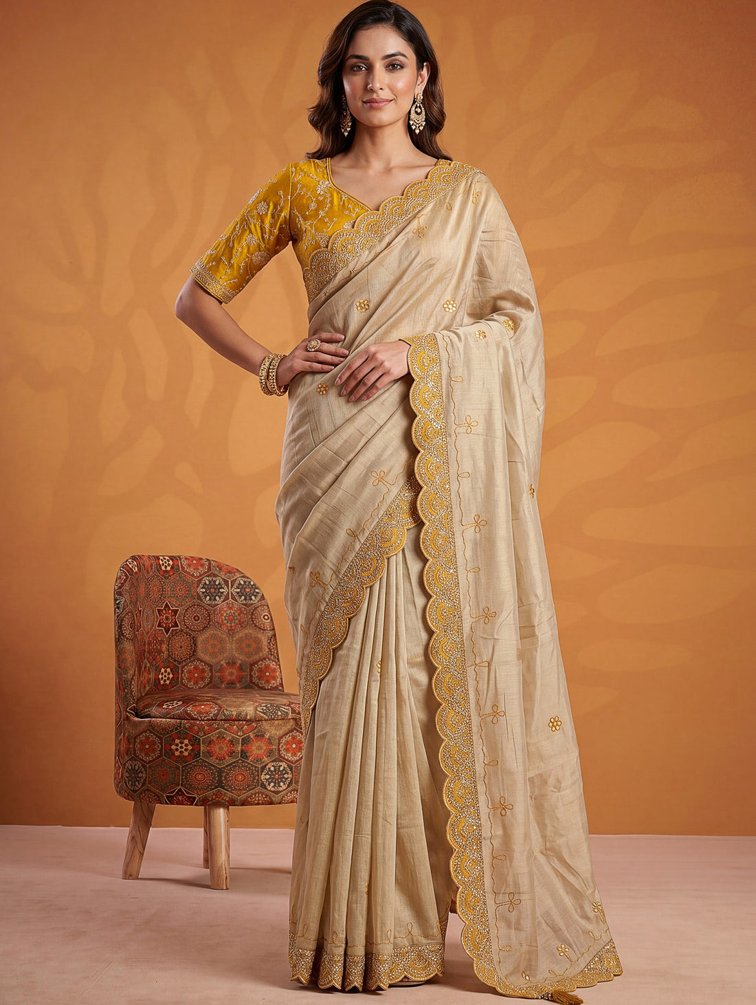 Sparkling Beige Gota Patti Silk  Festive Wear Saree With Blouse