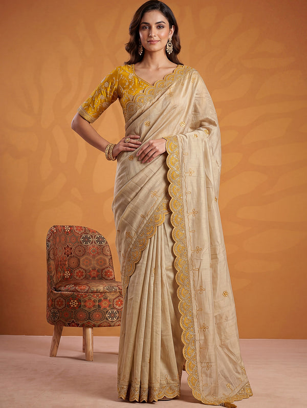Sparkling Beige Gota Patti Silk  Festive Wear Saree With Blouse