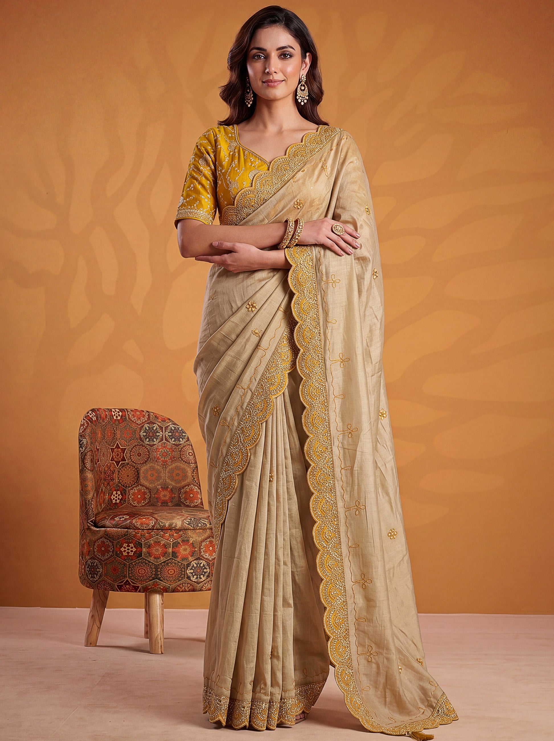 Sparkling Beige Gota Patti Silk  Festive Wear Saree With Blouse