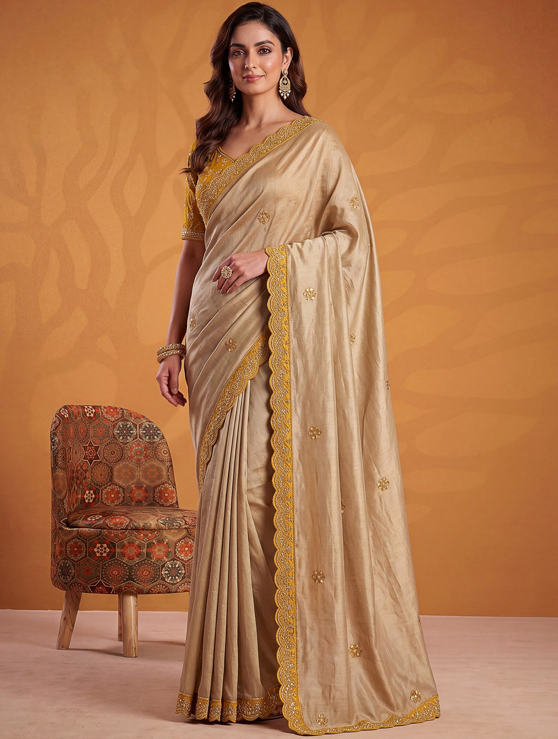 Sparkling Beige Gota Patti Silk  Festive Wear Saree With Blouse