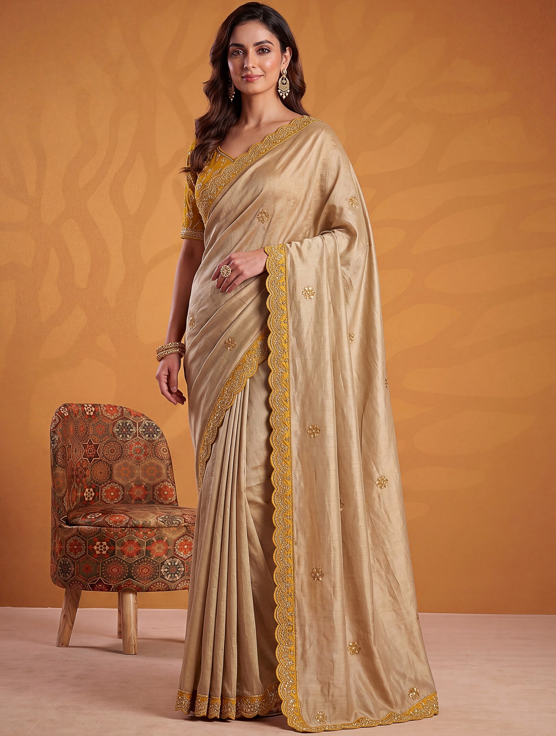 Sparkling Beige Gota Patti Silk  Festive Wear Saree With Blouse