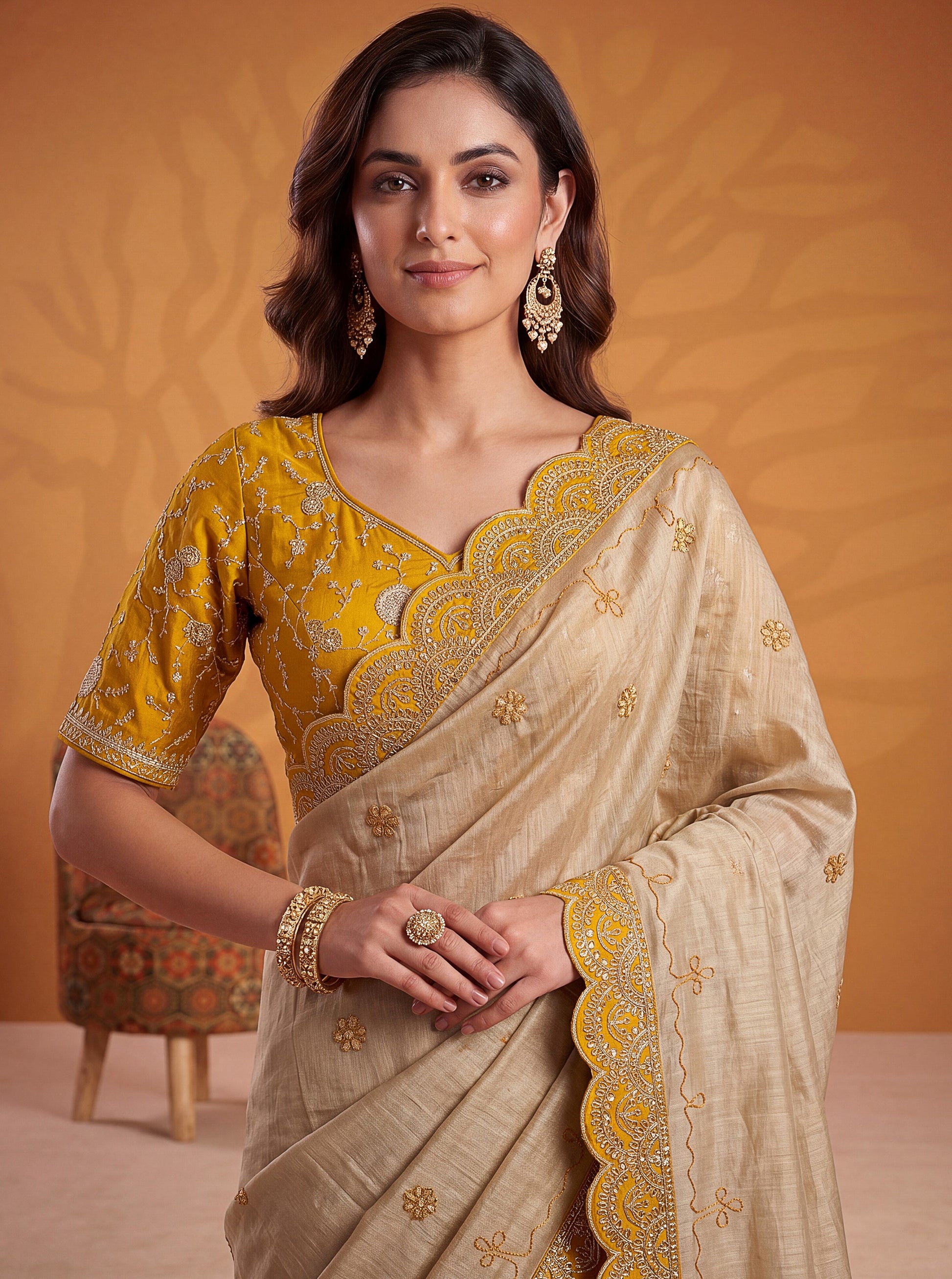 Sparkling Beige Gota Patti Silk  Festive Wear Saree With Blouse
