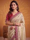 Awesome Beige Gota Patti Silk Wedding Wear Saree With Blouse