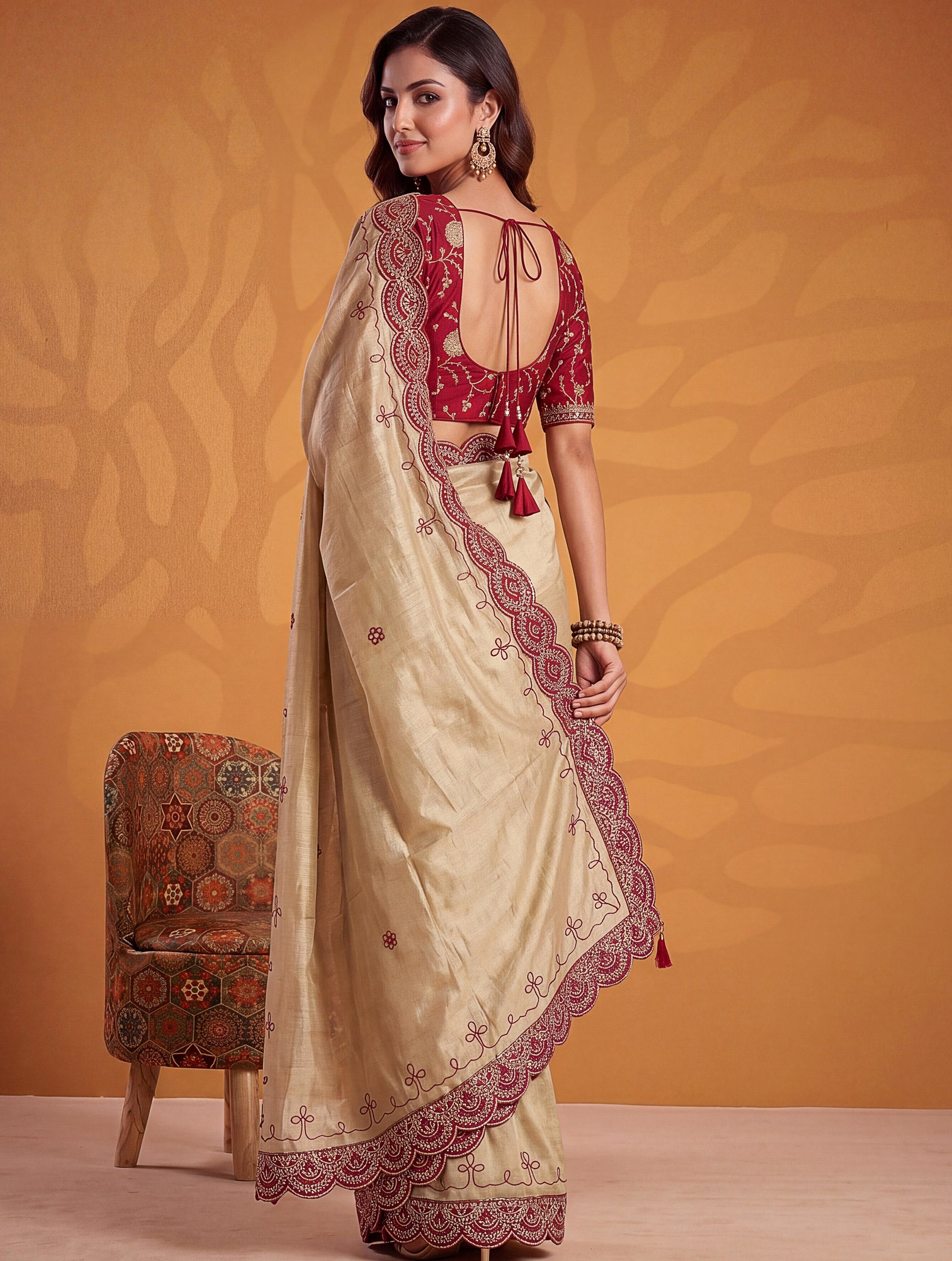Awesome Beige Gota Patti Silk Wedding Wear Saree With Blouse