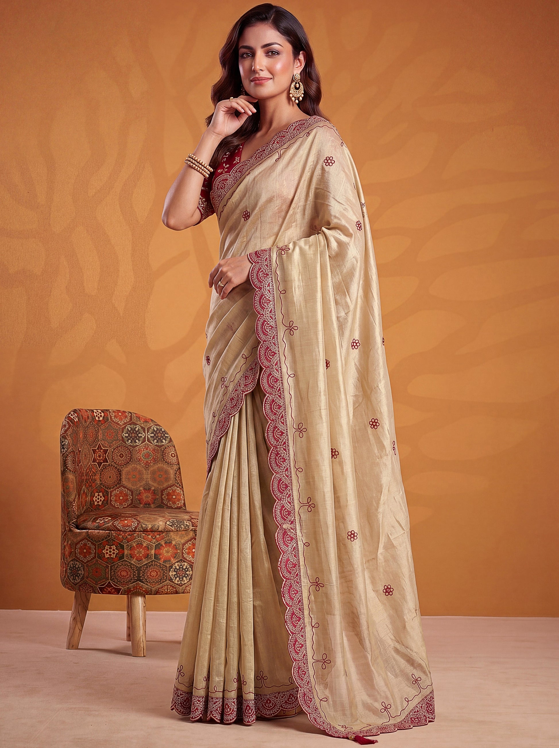 Awesome Beige Gota Patti Silk Wedding Wear Saree With Blouse