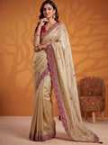 Awesome Beige Gota Patti Silk Wedding Wear Saree With Blouse