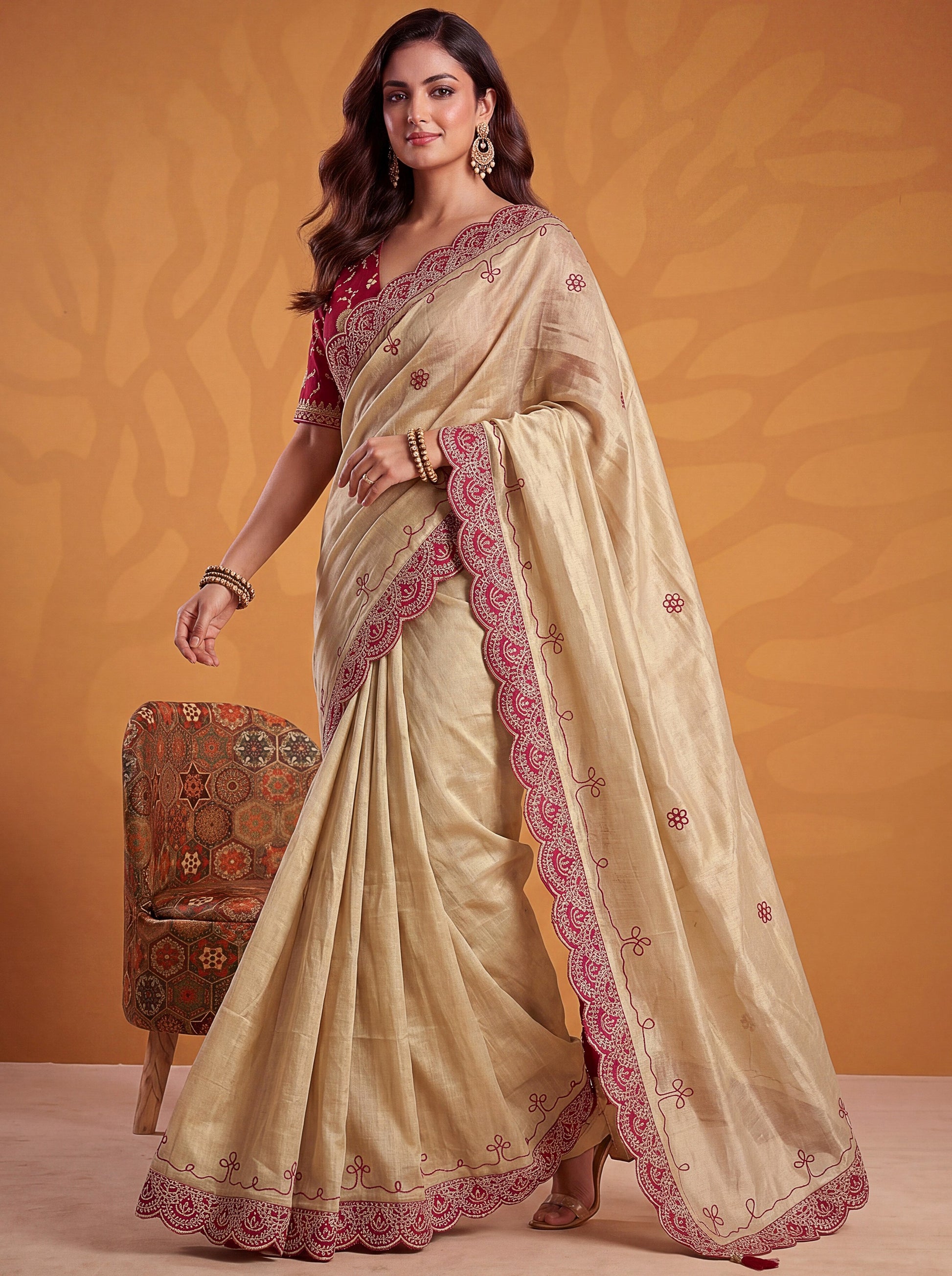 Awesome Beige Gota Patti Silk Wedding Wear Saree With Blouse