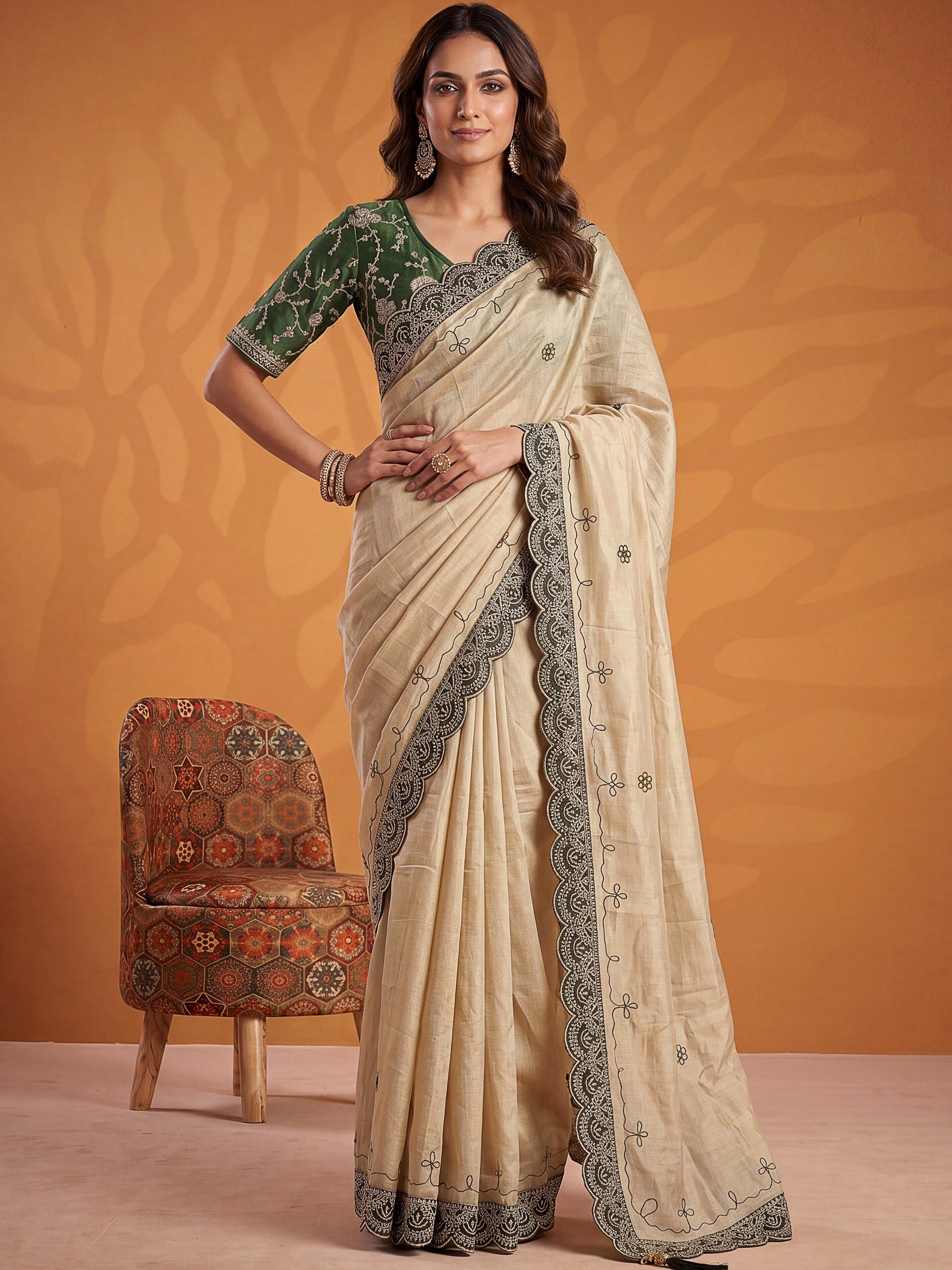 Alluring Beige Dori Work Silk Festival Wear Saree With Blouse