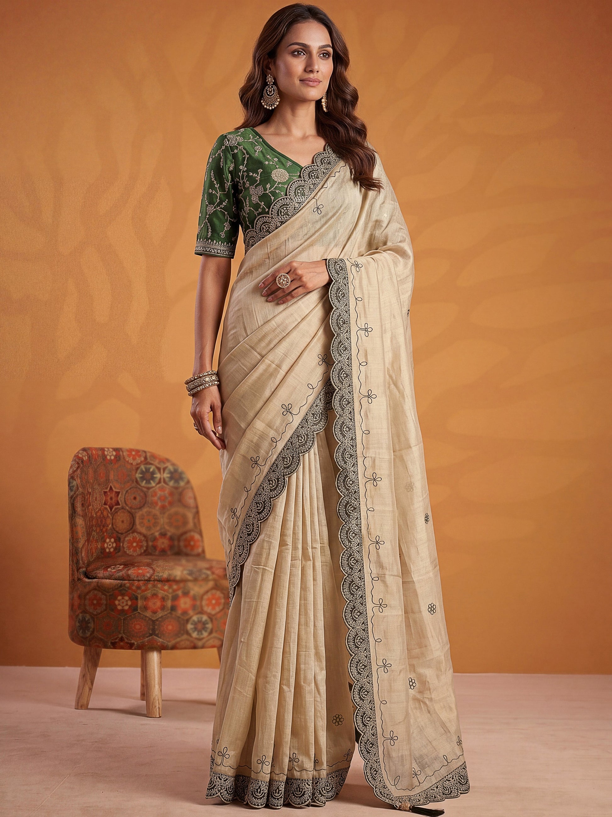 Alluring Beige Dori Work Silk Festival Wear Saree With Blouse