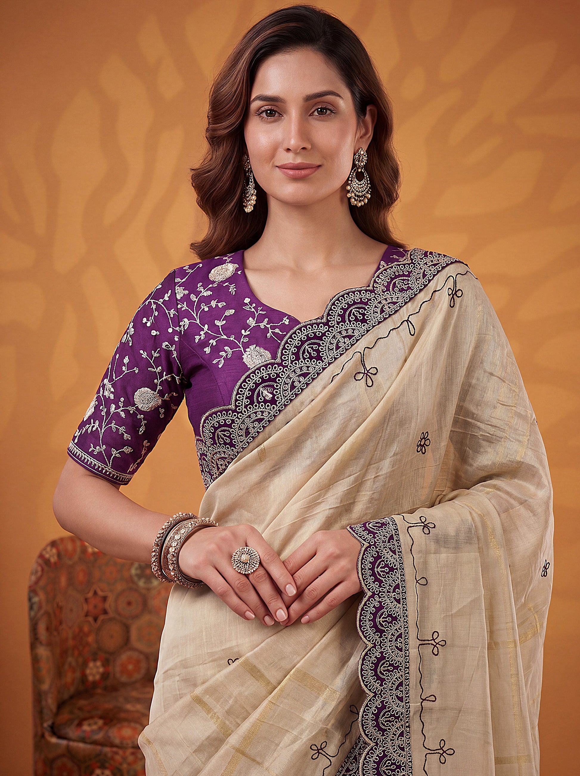 Beautiful Beige Gota Patti Silk Festival Wear Saree With Blouse