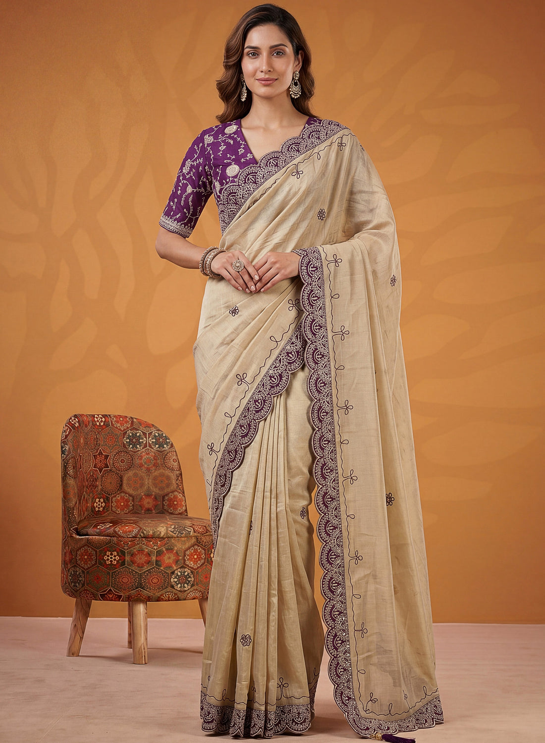Beautiful Beige Gota Patti Silk Festival Wear Saree With Blouse