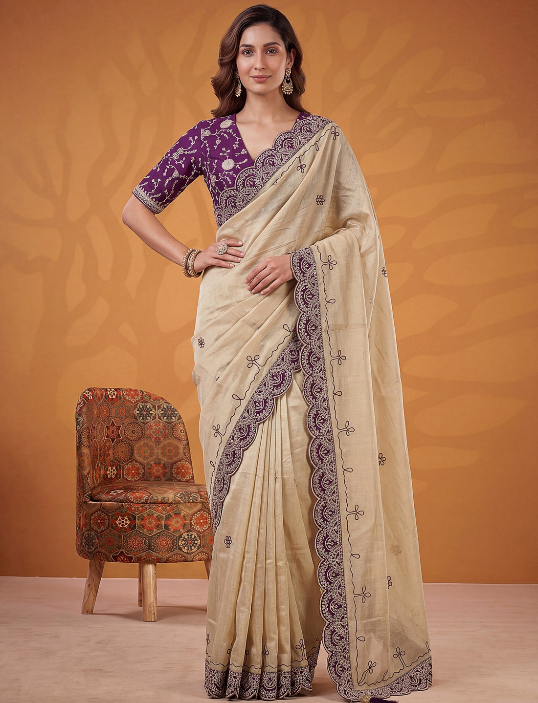 Beautiful Beige Gota Patti Silk Festival Wear Saree With Blouse