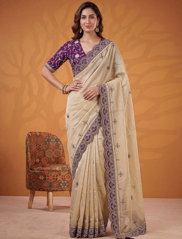 Beautiful Beige Gota Patti Silk Festival Wear Saree With Blouse