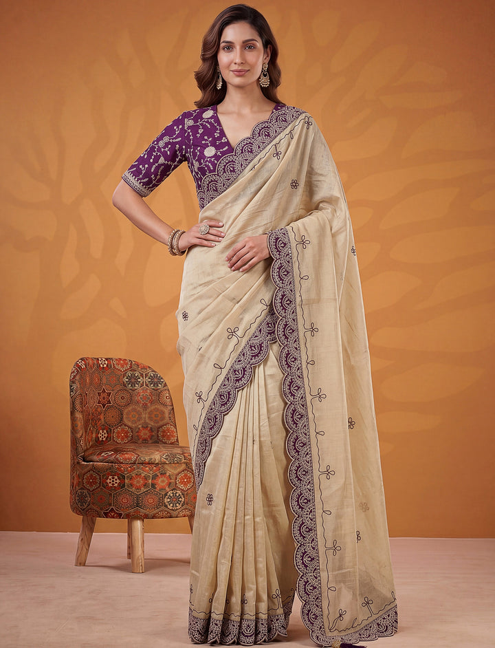 Beautiful Beige Gota Patti Silk Festival Wear Saree With Blouse